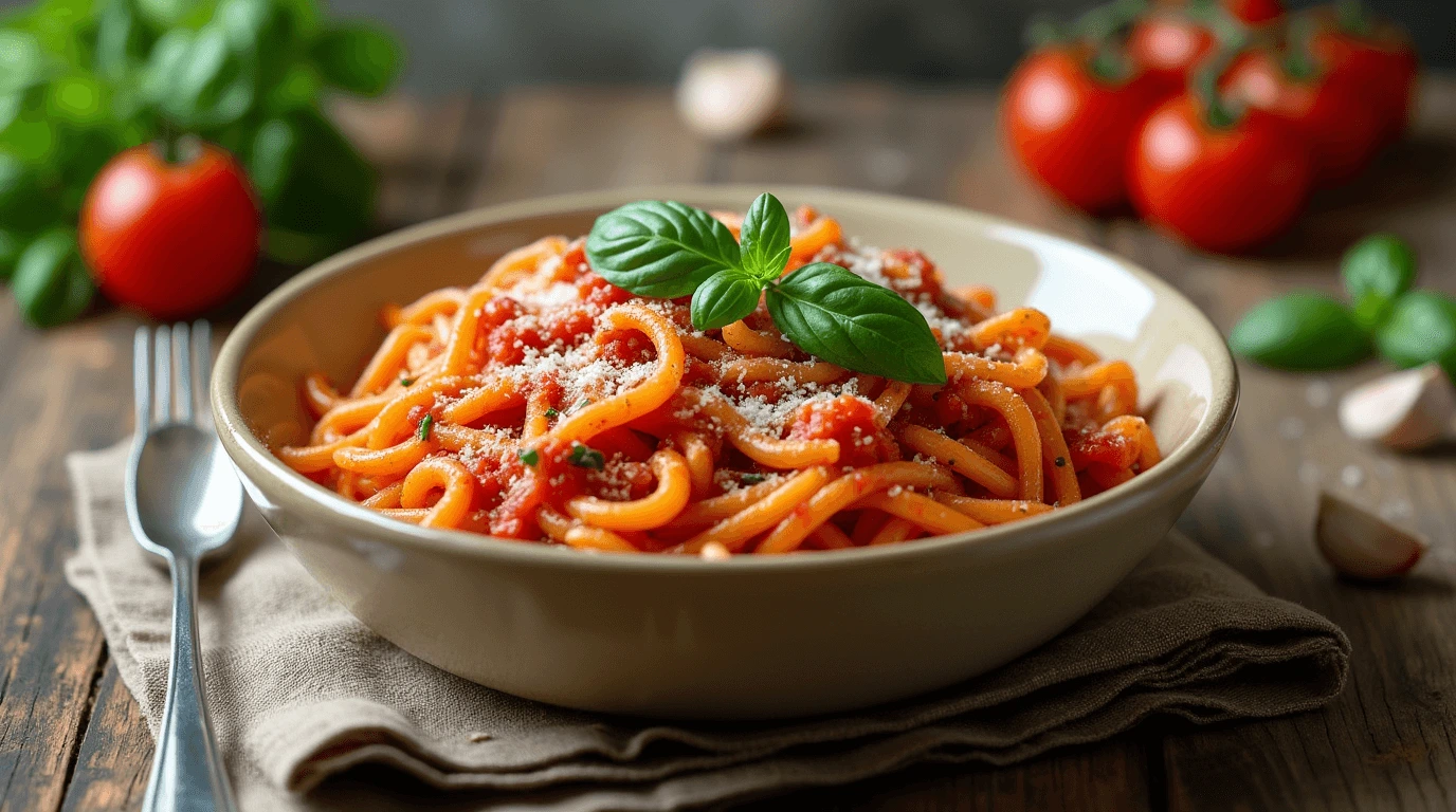 "A vibrant overhead view of perfectly cooked Radiatore pasta in a rustic bowl, surrounded by fresh ingredients like Italian sausage, grilled chicken, roasted vegetables, creamy sauces, and assorted cheeses. The dish is garnished with fresh basil and Parmesan, showcasing its versatility and deliciousness."