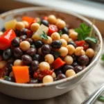 A vibrant and fresh dense bean salad in a bowl, filled with kidney beans, black beans, chickpeas, and vegetables, garnished with fresh herbs.