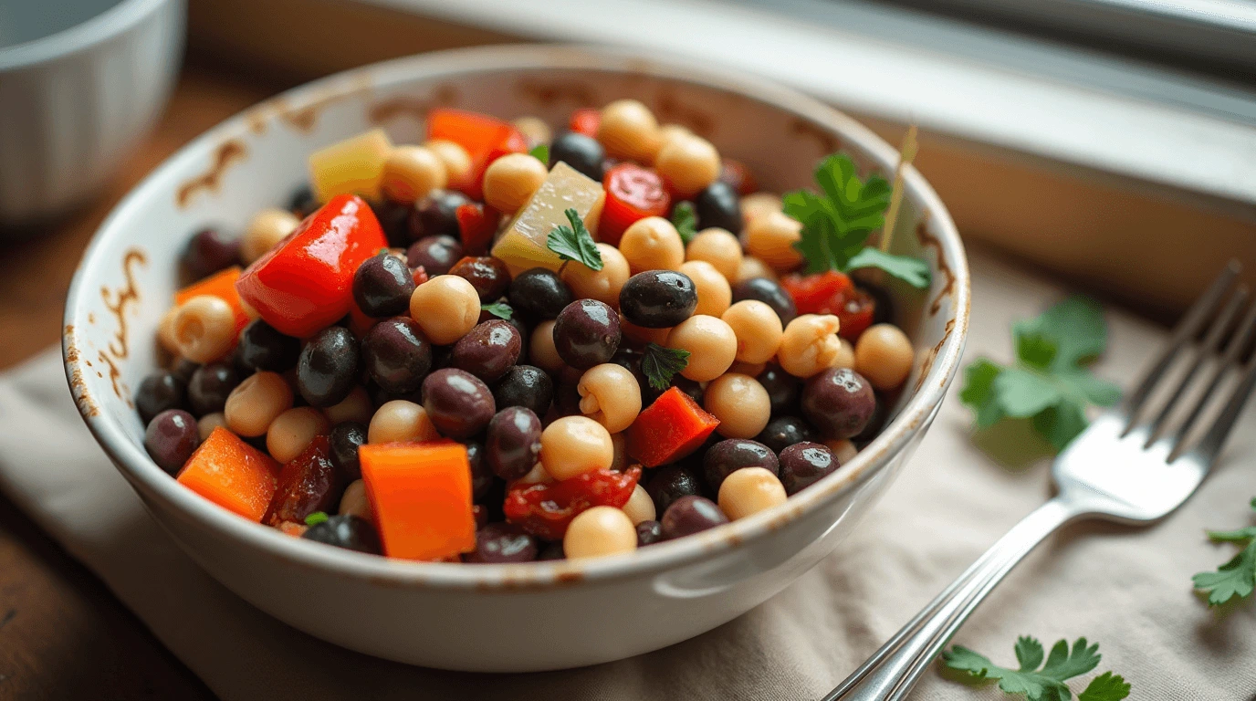 A vibrant and fresh dense bean salad in a bowl, filled with kidney beans, black beans, chickpeas, and vegetables, garnished with fresh herbs.