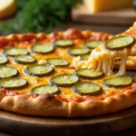Delicious Pickle Pie Pizza with a golden crispy crust, melted cheese, and tangy pickle slices, served on a wooden board with fresh ingredients.