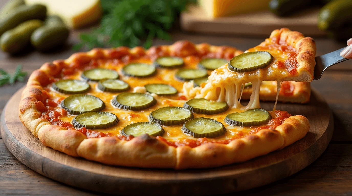 Delicious Pickle Pie Pizza with a golden crispy crust, melted cheese, and tangy pickle slices, served on a wooden board with fresh ingredients.