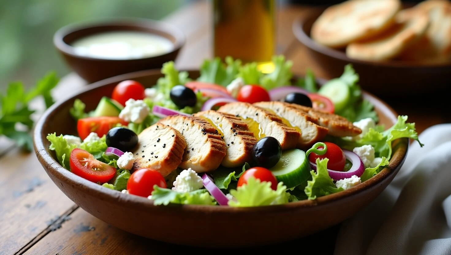 Fresh and flavorful Greek Chicken Salad with grilled chicken, crisp vegetables, feta cheese, and a tangy dressing in a rustic bowl.