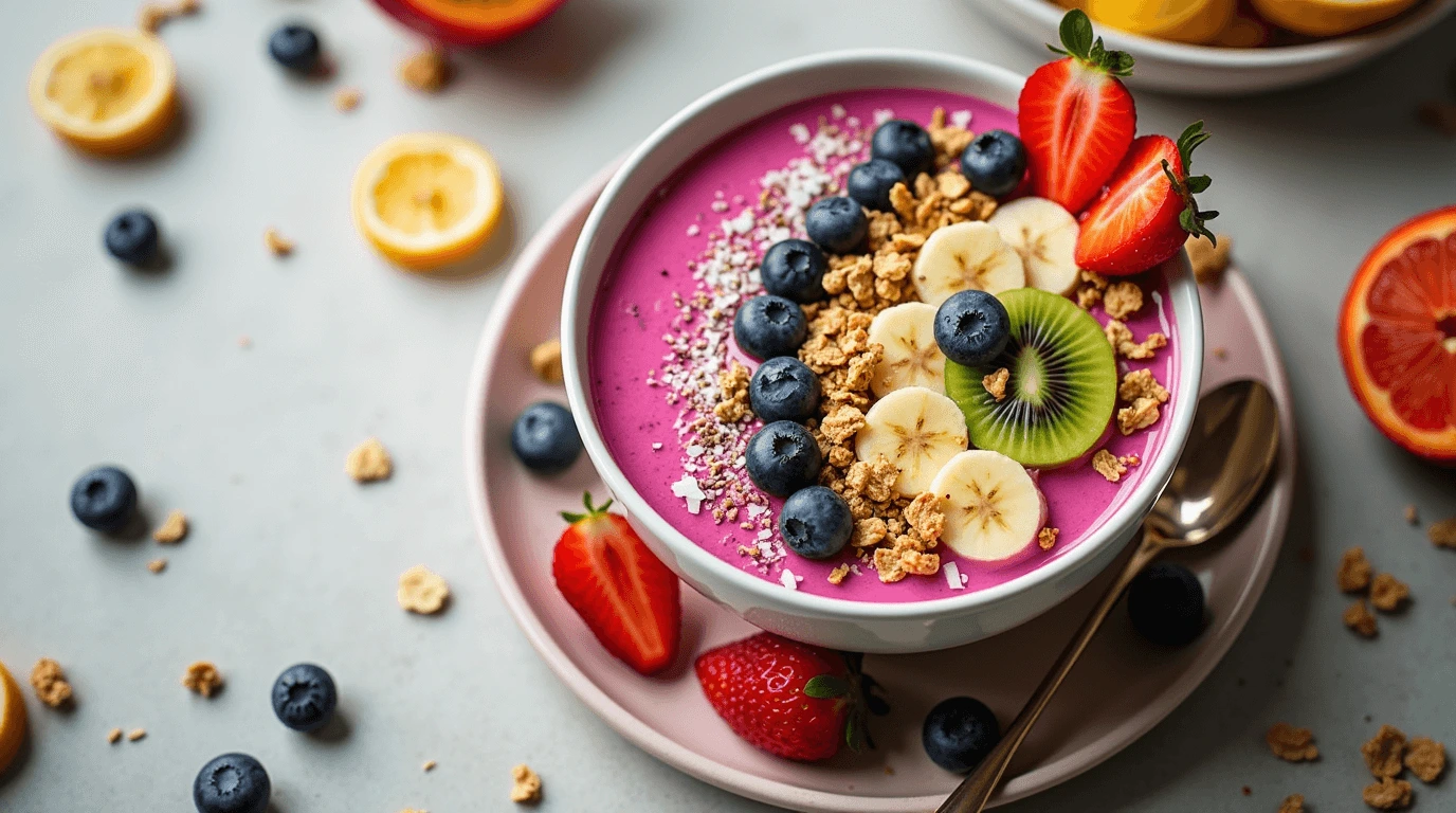 "A vibrant and delicious pitaya bowl topped with fresh fruits like sliced bananas, kiwi, and berries, garnished with granola and coconut flakes, served on a stylish table."