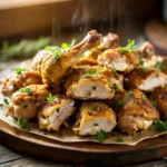 Crispy golden-brown chicken butt pieces served on a rustic wooden plate with fresh herbs and dipping sauce, styled in warm natural lighting.