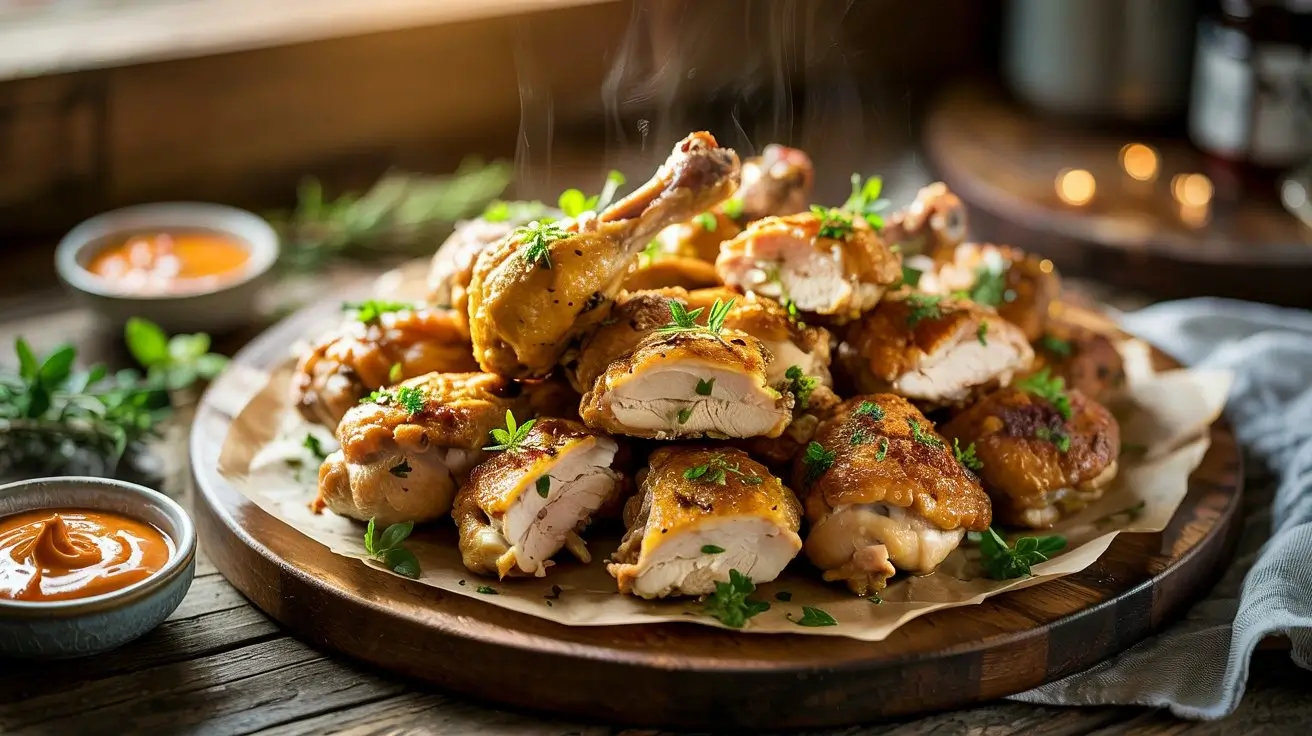 Crispy golden-brown chicken butt pieces served on a rustic wooden plate with fresh herbs and dipping sauce, styled in warm natural lighting.