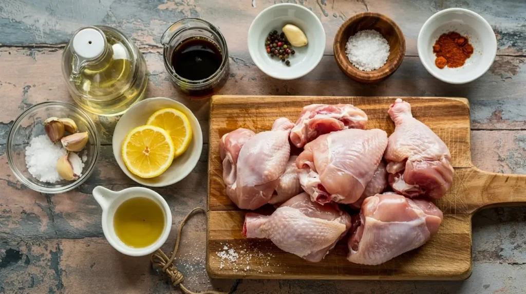 Fresh ingredients for Chicken Butt Recipe displayed on a rustic kitchen counter, including cleaned chicken butt, spices, soy sauce, lemon, and cooking oil.