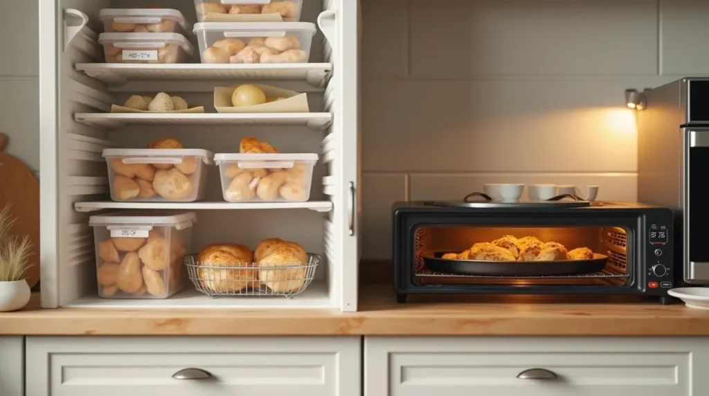 Instructions showing how to store chicken butt in airtight containers and reheat it using an oven, air fryer, stovetop, or microwave for crispy results.